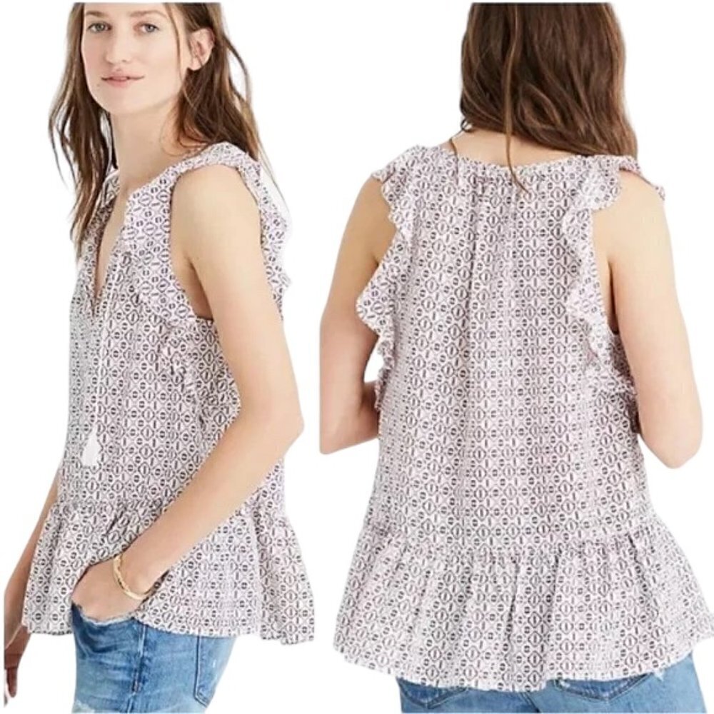 MADEWELL Lily Ruffle Silk Blouse with Tassels in Echo Grid - Size Medium
